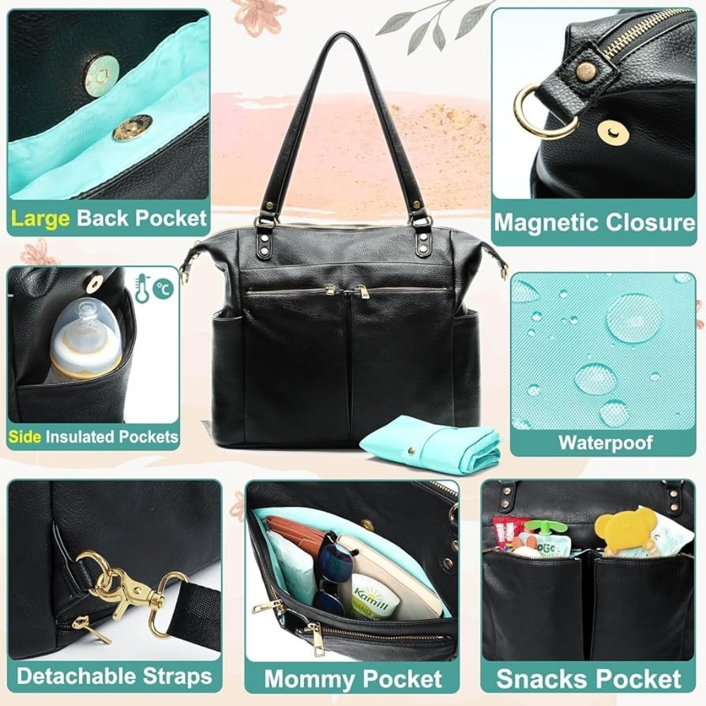 Mominside Black Leather Baby Diaper Bag Backpack, 14 Pockets & Changing Pad - Picture 5 of 16